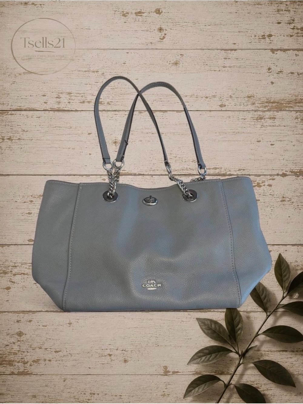 Coach Sage Blue / Grey Turnlock Chain Tote 27